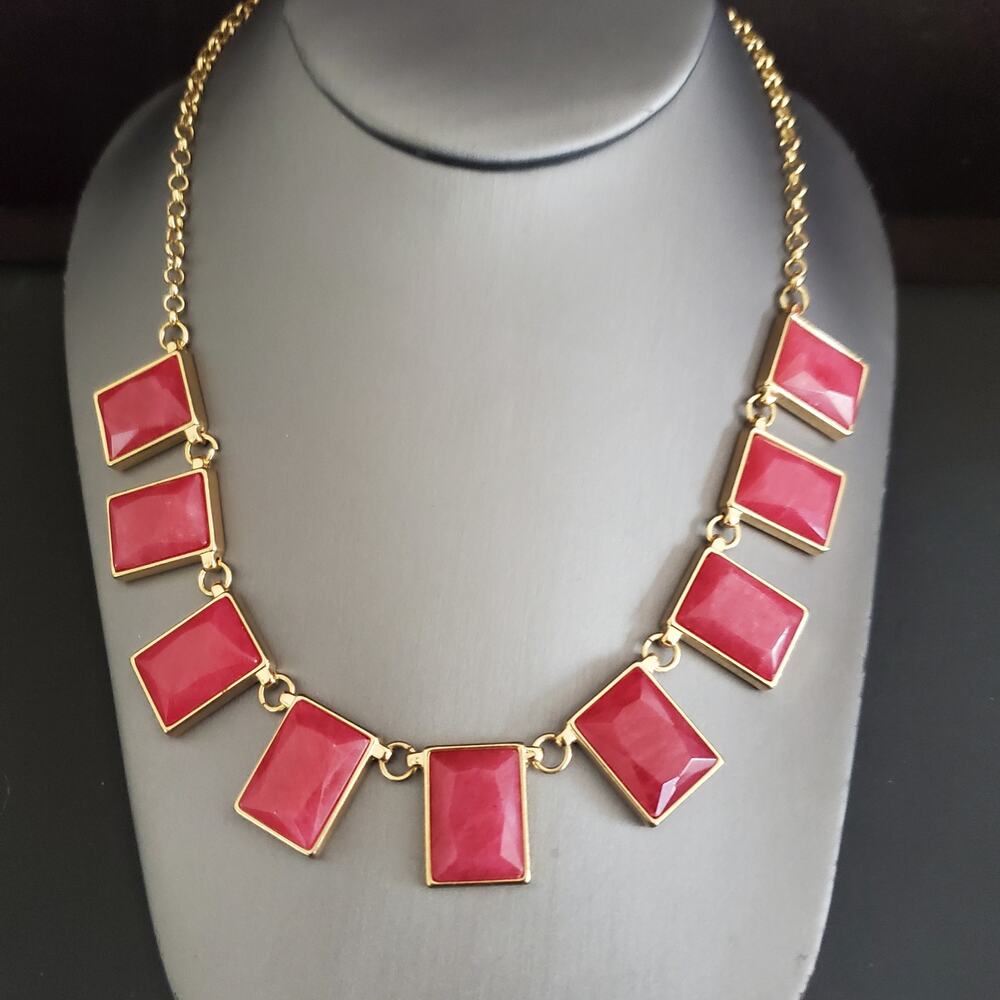 LOFT‎ Egyptian Revival Pink Stone Statement Collar Bib Necklace Gold Tone Bright